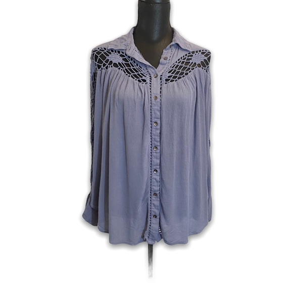Free People Blouse Blue Small Crochet Shoulders - Picture 1 of 5